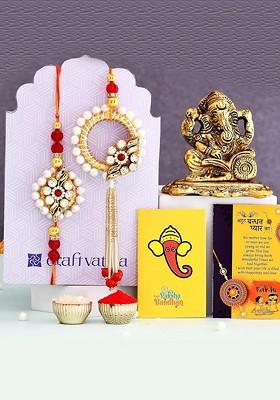 5 Pcs Lord Ganesh With Greeting Card And Roli Chawal Rakhi Gift Set