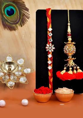 5 Pcs Crystal Diya With Greeting Card And Roli Chawal Rakhi Gift Set
