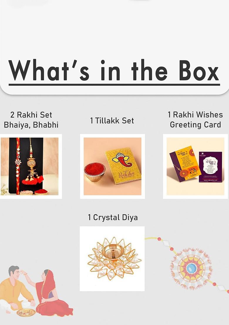 5 Pcs Crystal Diya With Greeting Card And Roli Chawal Rakhi Gift Set - Indya