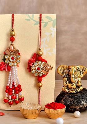 2 Pcs Rakhi Ganesha Idol And Greeting Card Rakhi Gift Set