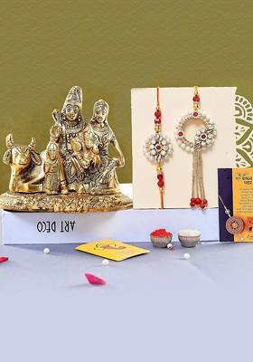 5 Pcs Shiva Family Showpiece Greeting Card And Roli Chawal Rakhi Gift Set
