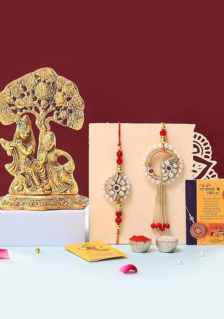 5 Pcs Radha Krishana Showpiece Greeting Card And Roli Chawal Rakhi Gift Set