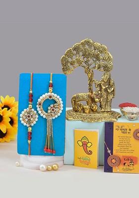 5 Pcs Radha Krishan With Greeting Card And Roli Chawal Rakhi Gift Set