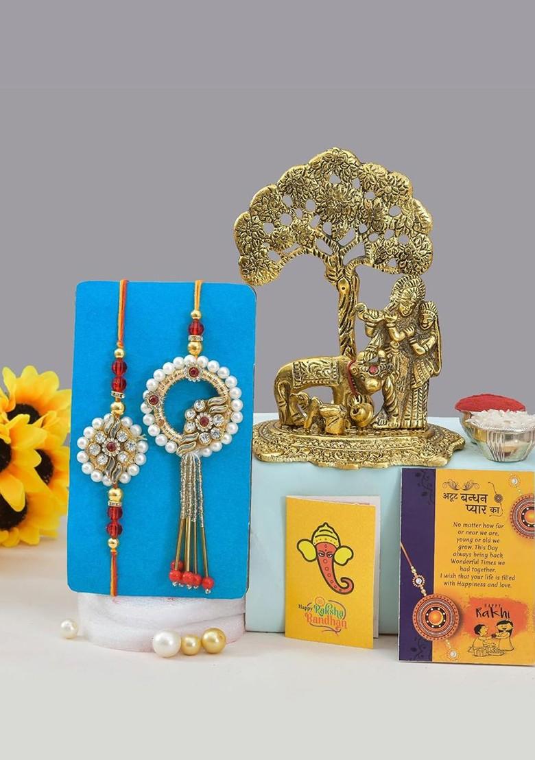 5 Pcs Radha Krishan With Greeting Card And Roli Chawal Rakhi Gift Set