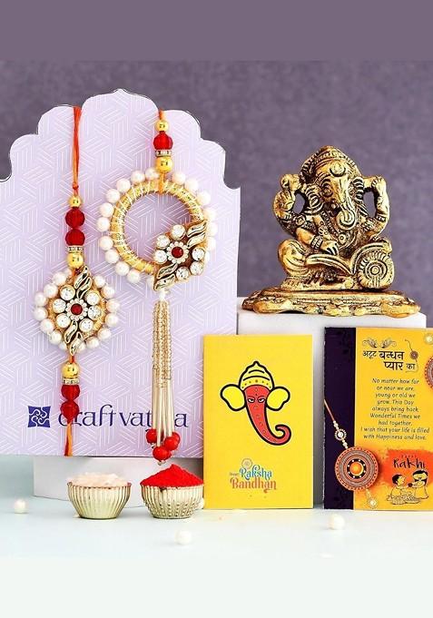 5 Pcs Rakhi With Showpiece And Greetingcard With Roli Chawal