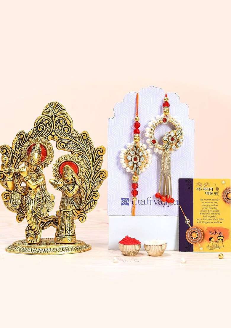 5 Pcs Radha Krishna With Greeting Card And Roli Chawal Rakhi Gift Set - Indya
