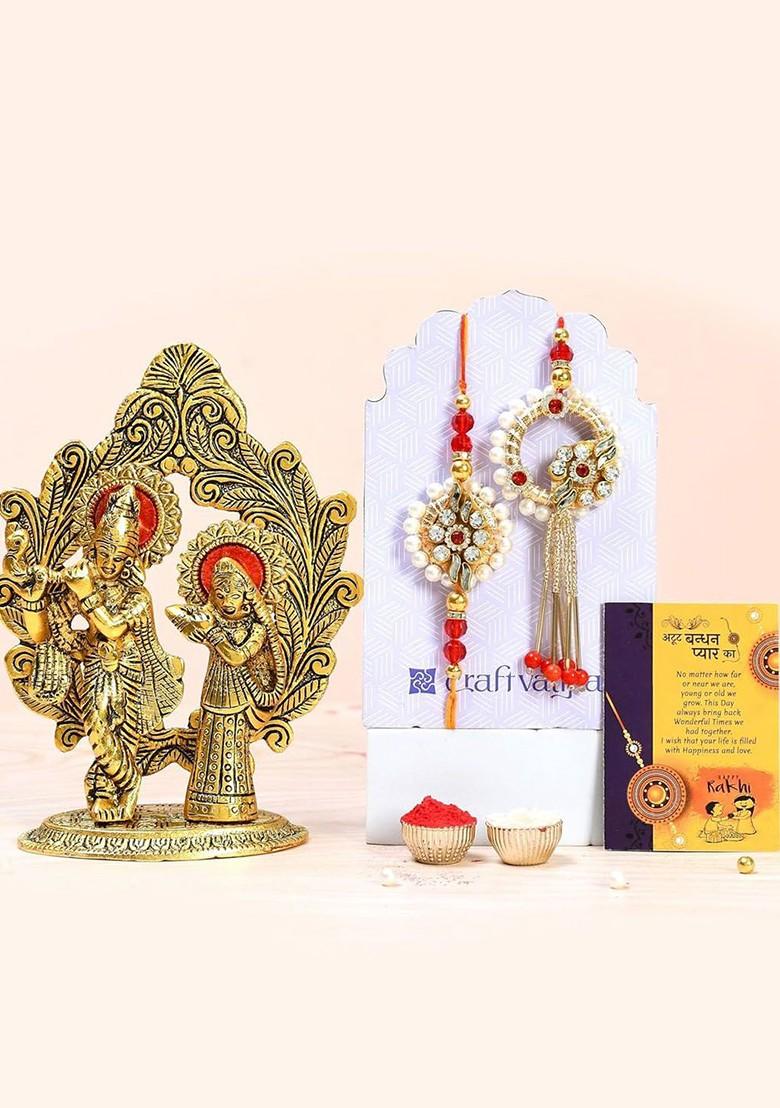 5 Pcs Radha Krishna With Greeting Card And Roli Chawal Rakhi Gift Set