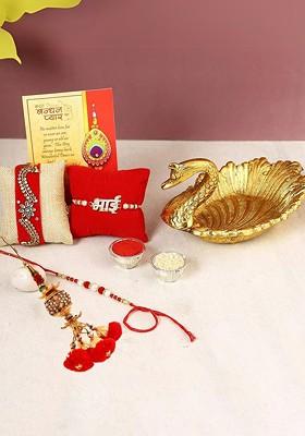 Set Of 4 Stone Studded And Beaded Rakhi Gift Set