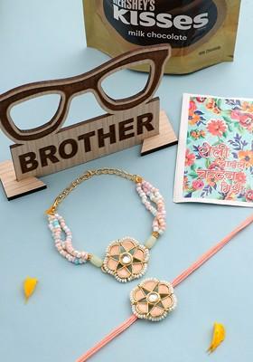 Set Of 2 Peach Color Artificial Stones And Pearls Bhaiya Bhabhi Rakhi Combo