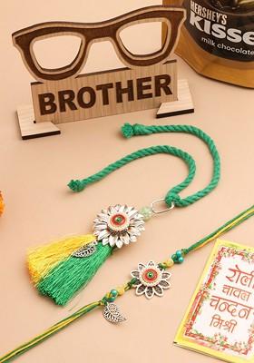 Set Of 2 Green Pearls Bhaiya Bhabhi Thread Rakhi Combo