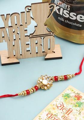 Red Kundan Studded Floral Design Thread Rakhi Combo