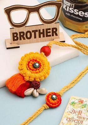 Set Of 2 Yellow Sea Shell Round Floral Design Bhaiya Bhabhi Rakhi Combo
