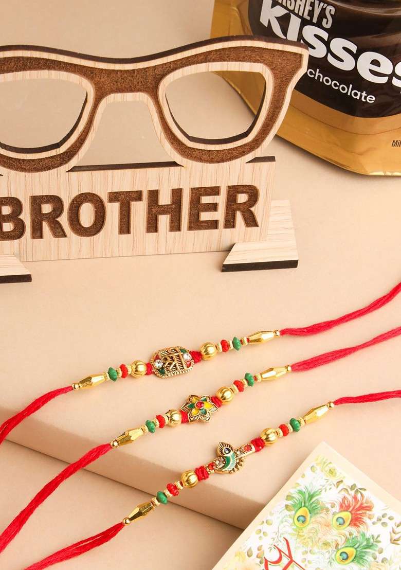 Men Set Of 3 Red And Gold Floral Design Artificial Stones And Beads Thread Rakhi Combo - Indya