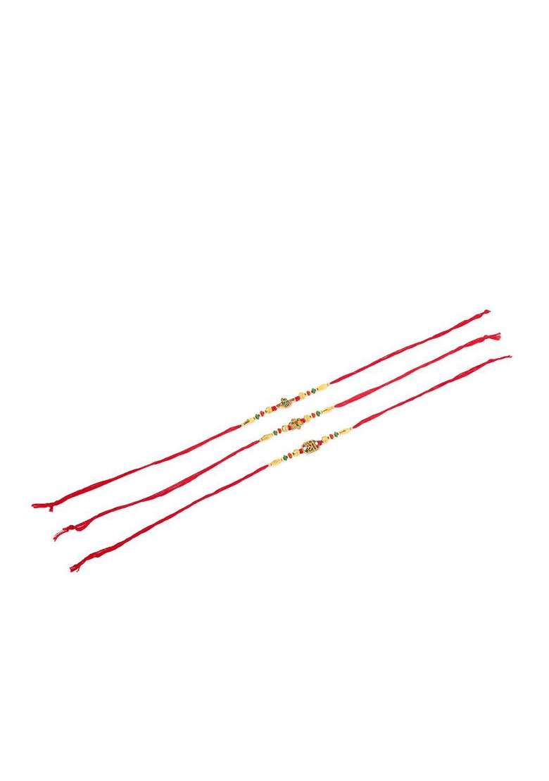 Men Set Of 3 Red And Gold Floral Design Artificial Stones And Beads Thread Rakhi Combo - Indya