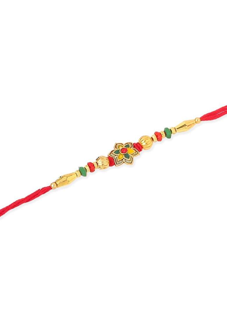 Men Set Of 3 Red And Gold Floral Design Artificial Stones And Beads Thread Rakhi Combo - Indya