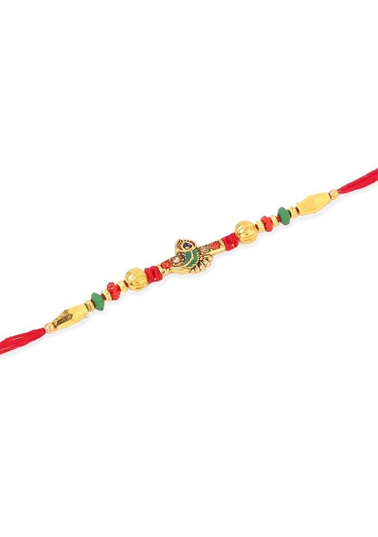 Men Set Of 3 Red And Gold Floral Design Artificial Stones And Beads Thread Rakhi Combo - Indya