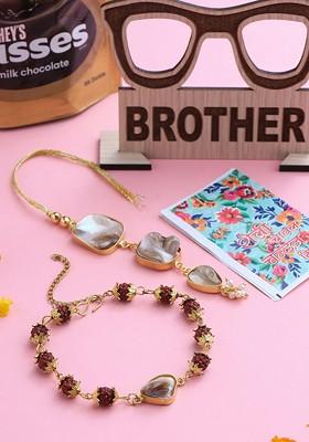 Set Of 2 Gold Toned Rudraksh And Pearls Bhaiya Bhabhi Rakhi Set