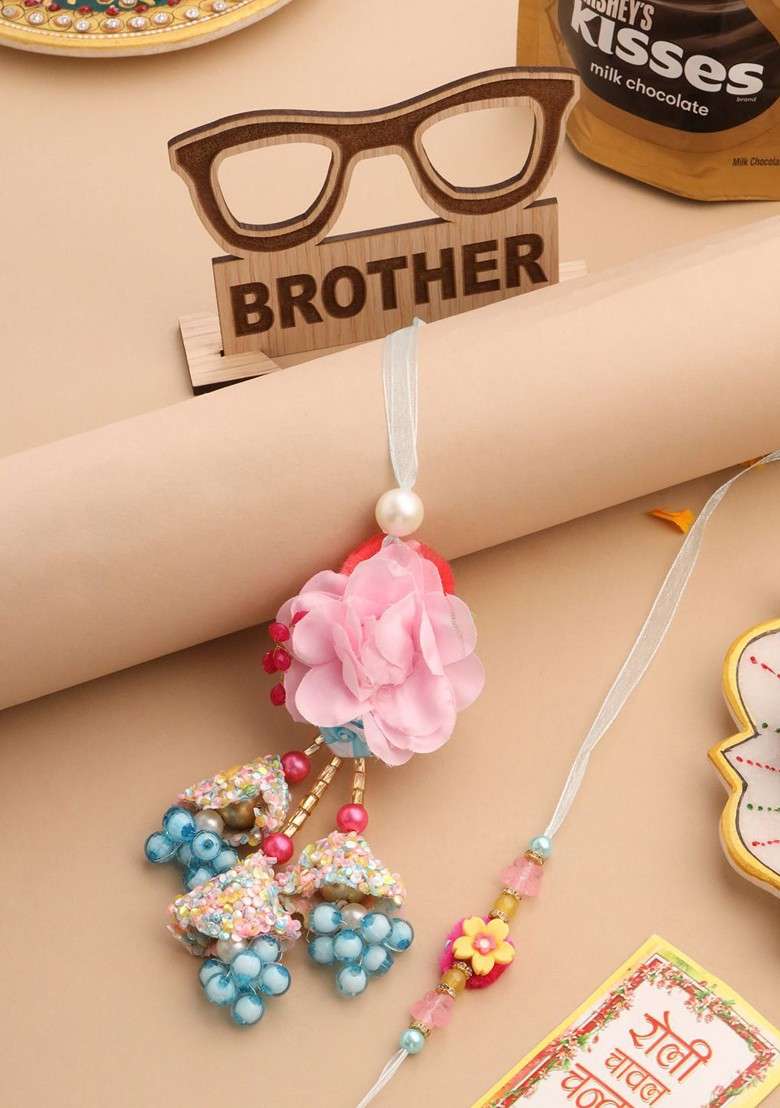 Set Of 2 Multicolor Artificial Beads Floral Design Bhaiya Bhabhi Rakhi Combo - Indya