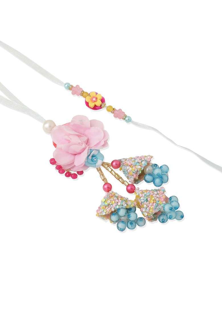 Set Of 2 Multicolor Artificial Beads Floral Design Bhaiya Bhabhi Rakhi Combo - Indya