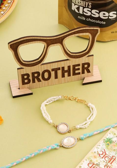 Set Of 2 White Pearls And Artificial Beads Bhaiya Bhabhi Rakhi Set Combo