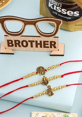 Men Set Of 3 Gold Toned Designer Ganesh Ji Thread Rakhi Combo