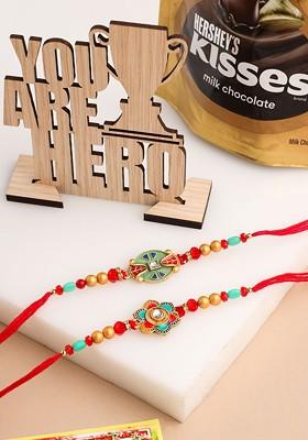 Men Set Of 2 Floral Design Red Artificial Stones And Beads Thread Rakhi Combo