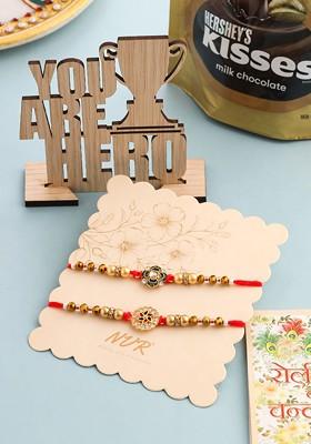 Set Of 2 Red And Gold Floral Design Artificial Stones And Beads Thread Rakhi Combo