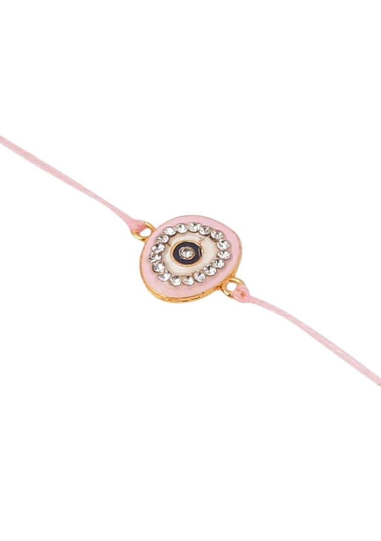 Set Of 2 Pink Round Shape Artificial Stones Bhaiya Bhabhi Rakhi Combo - Indya