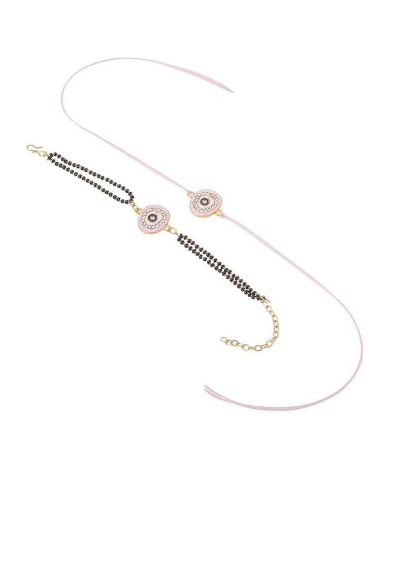 Set Of 2 Pink Round Shape Artificial Stones Bhaiya Bhabhi Rakhi Combo - Indya