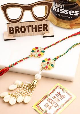 Set Of 2 Artificial Beads And Sea Shell Floral Design Bhaiya Bhabhi Rakhi Combo
