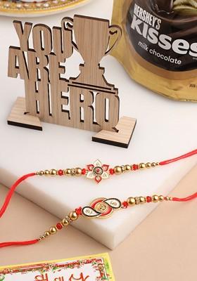 Set Of 2 Red And Gold Toned Floral Design Artificial Beads Thread Rakhi Combo