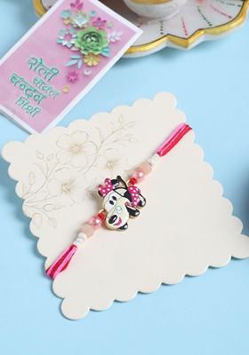 Stylish Red Cartoon Character Kids Rakhi With Roli Chawal Chandan And Mishri