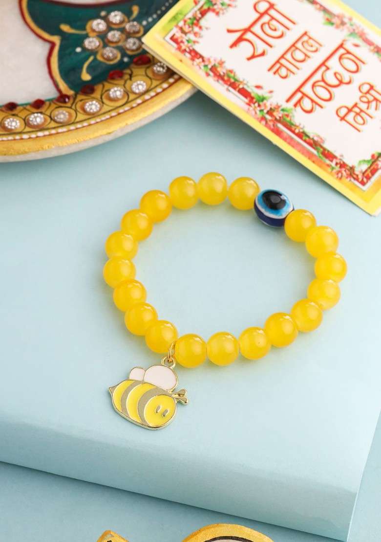 Kids Cartoon Design Yellow Artificial Beads Thread Rakhi With Roli Chawal - Indya