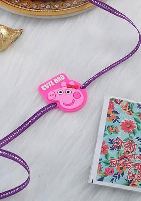 Stylish Pink Cartoon Character Kids Rakhi With Roli Chawal Chandan And Mishri