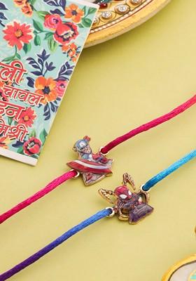 Kids Set Of 2 Cartoon Character Purple And Red Thread Rakhi With Roli Chawal