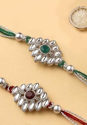 Boys Set Of 2 Kundan Rakhi With Roli Tilak Set And Greeting Card