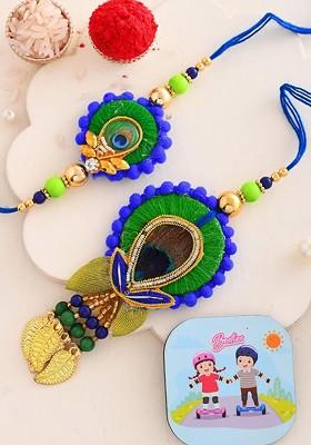 Set Of 2 Peacock Bhaiya And Bhabhi Rakhi Gift Set With Fridge Magnet