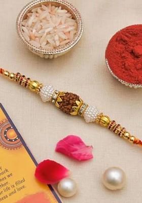 Rudraksh Rakhi With Greeting Card And Fridge Magnet Gift Set