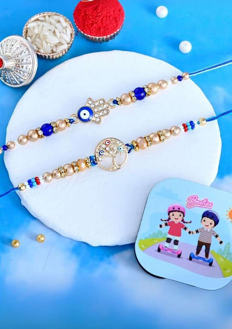 Set Of 2 Brother Bhai Bhaiya Evil Eye Rakhi Gift Set With Fridge Magnet - Indya