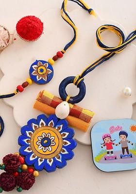 Set Of 2 Brother And Bhabhi Terracotta Rakhi With Fridge Magnet Gift Set
