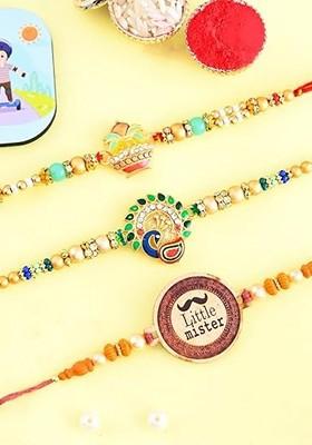 Men Set Of 3 Peacock Rakhi With Fridge Magnet Gift Set