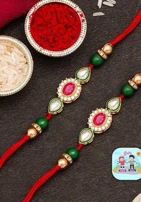Set Of 2 Floral Kundan Rakhis With Fridge Magnet