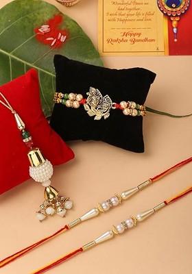Set Of 4 Brother And Bhabhi Premium Radha Krishna Bracelet Rakhi Gift Card