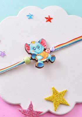 Kids Elephant With Rainbow Thread Rakhi With Roli Rice And Greeting Card