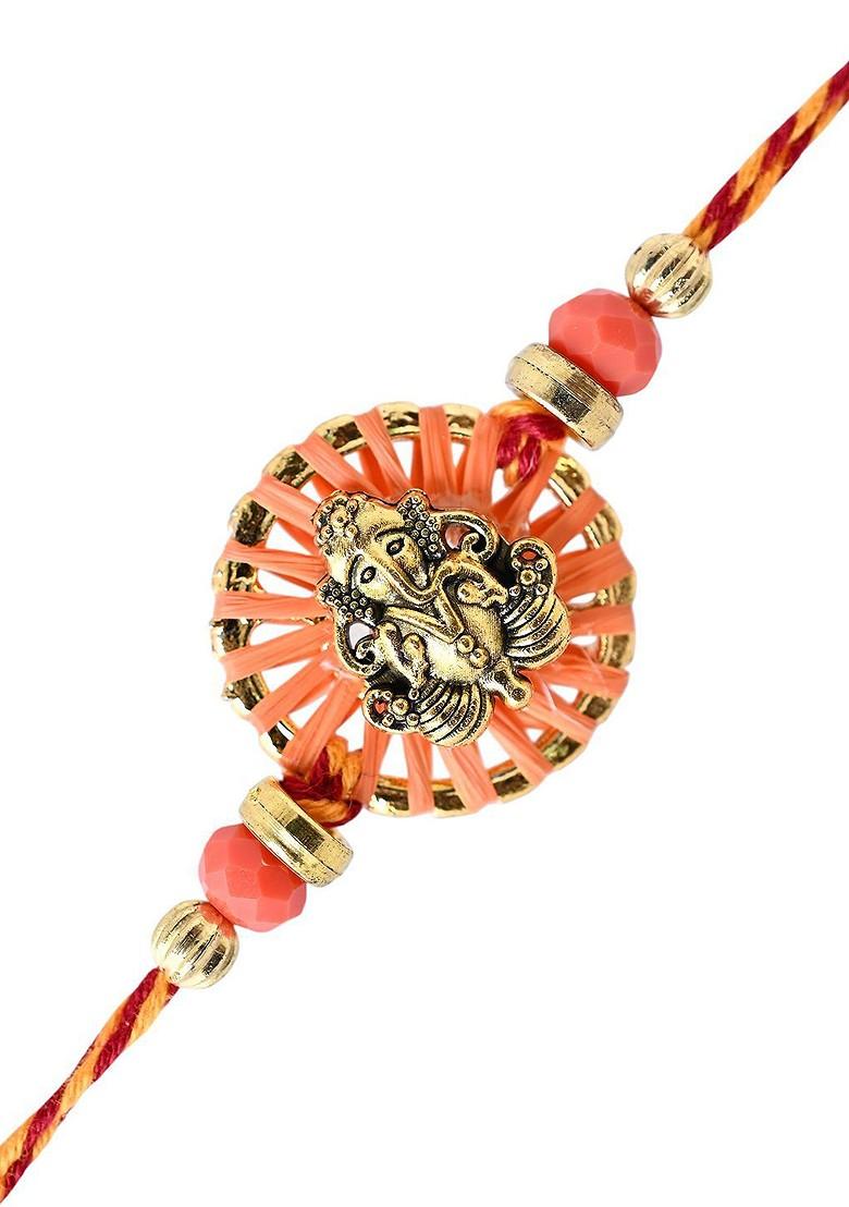 Auspicious Vinayak And Circular Charm Rakhi With Roli Rice And Greeting Card