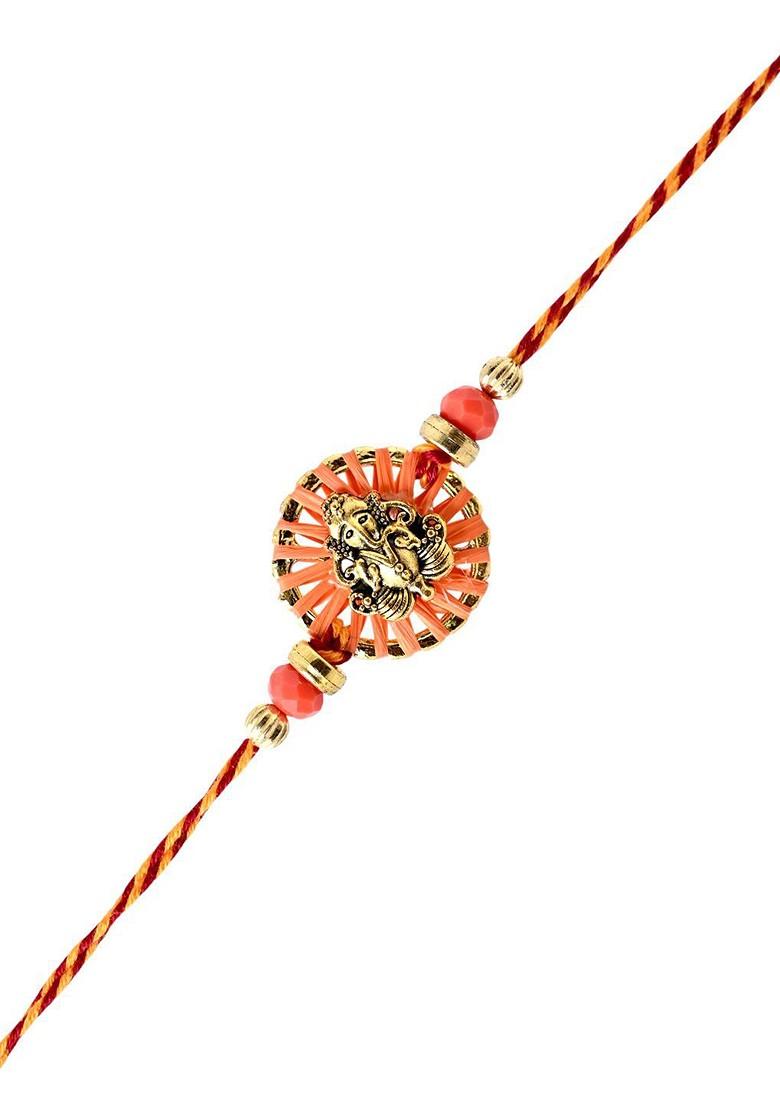 Auspicious Vinayak And Circular Charm Rakhi With Roli Rice And Greeting Card