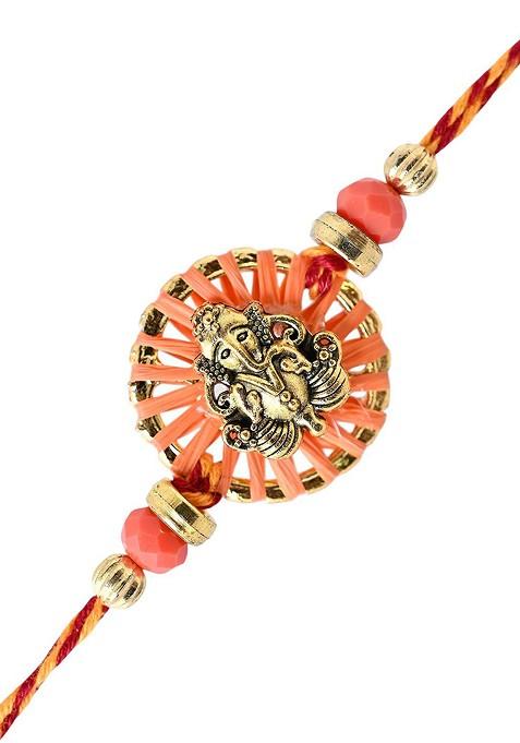 Auspicious Vinayak And Circular Charm Rakhi With Roli Rice And Greeting Card