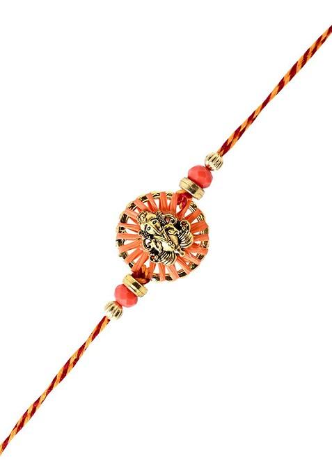 Auspicious Vinayak And Circular Charm Rakhi With Roli Rice And Greeting Card