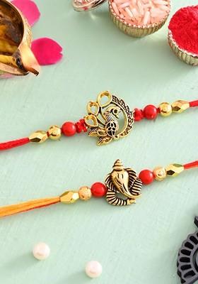 2 Pcs Red Beaded Rakhi With Fridge Magnet And Roli Tilak