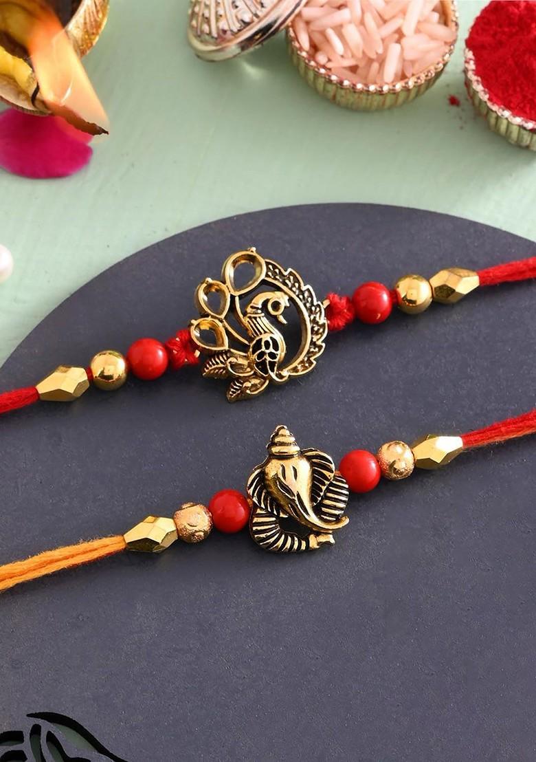 2 Pcs Red Beaded Rakhi With Fridge Magnet And Roli Tilak - Indya